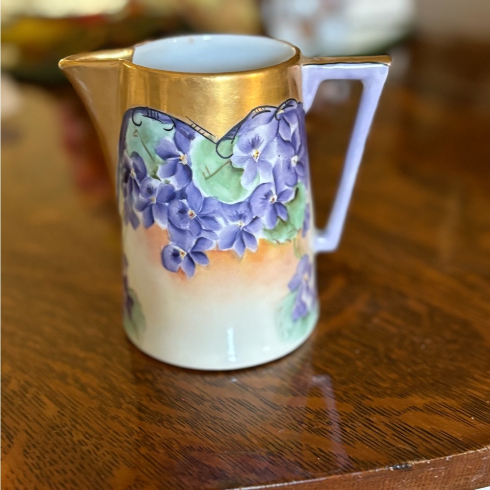 Antique Violet Floral Gold-Trimmed Pitcher